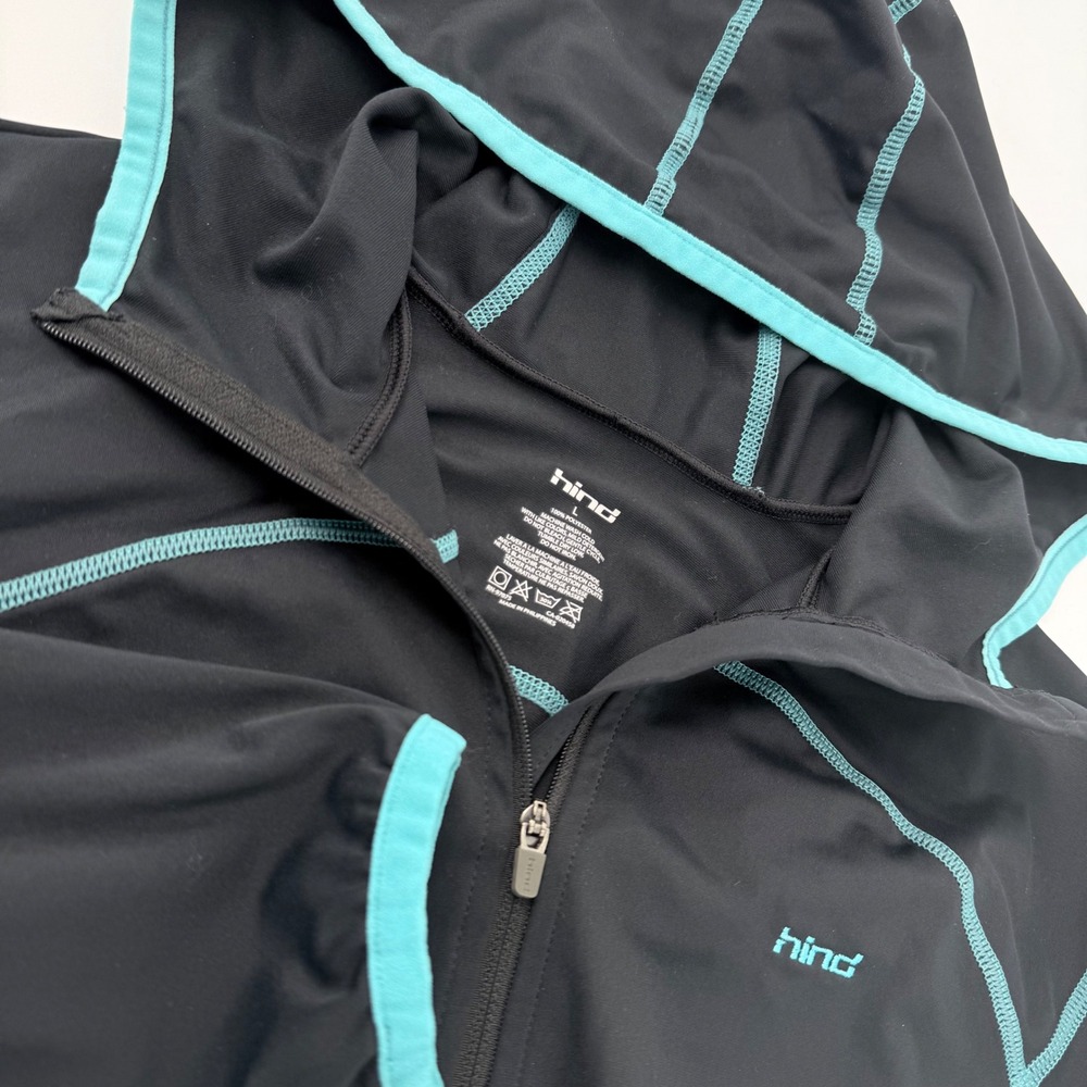 Hind Womens Jacket Size L Black Turquoise Trim Athletic Hood Cycling Lightweight